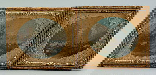 Pair miniature paintings: village scenes with distant mountains, oil on card, unsigned, grime, slight warping and craquelure, European, 19th century, each oval 2-1/4 x 3", each mounted in half of separated daguerreotype case