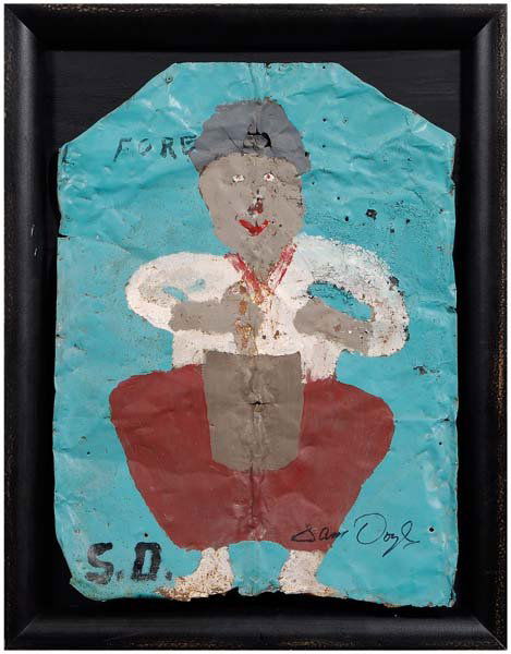 Sam Doyle painting: (Edisto, South Carolina, 1906-1985), "Fore", fortune teller, figure from Gullah tale, signed lower left "S.D" and "Sam Doyle", house paint on tin, 33-3/4 x 25 in.; black painted frame. Crackle, cuppin