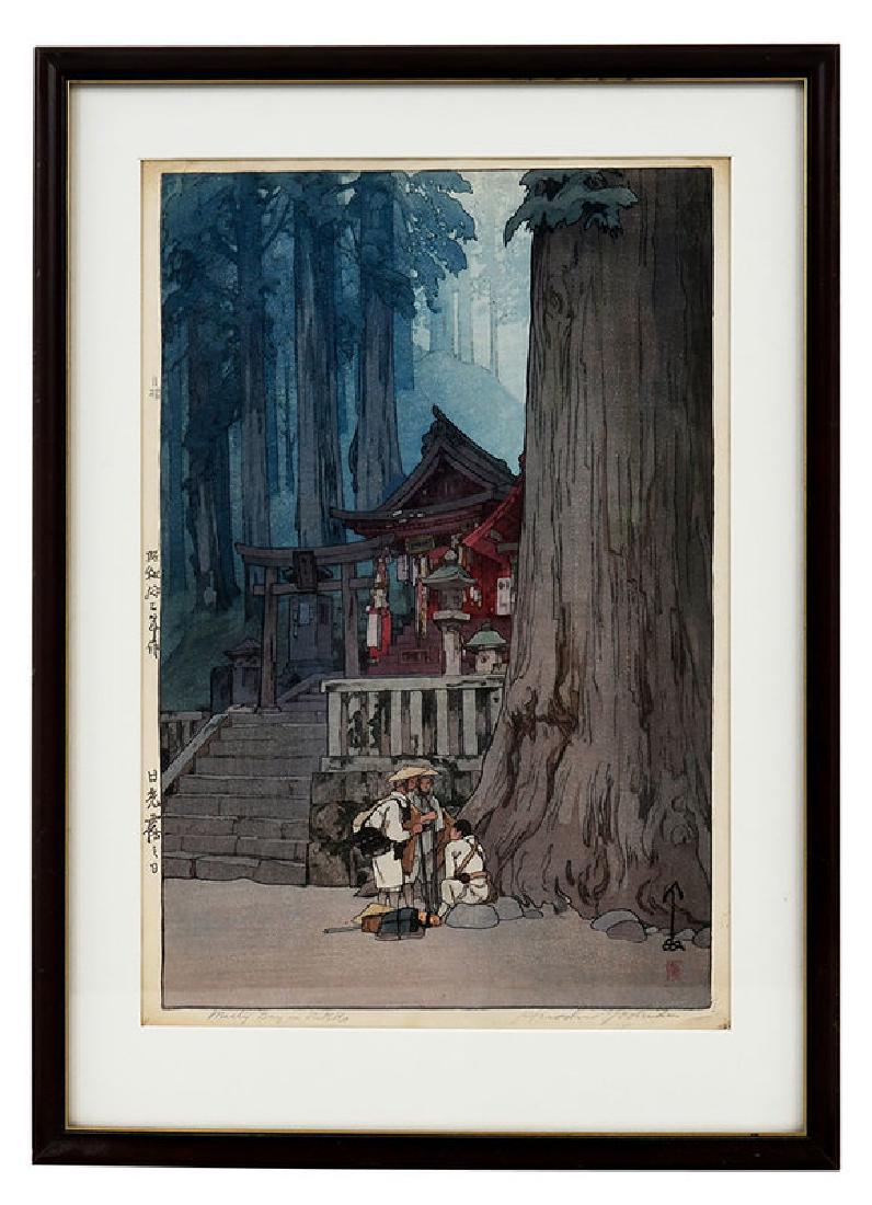Hiroshi Yoshida: (Japanese, 1876-1950) "Misty Day In Nikko" woodblock on paper, depicts a view of figures at the Shinto Shrine, sign