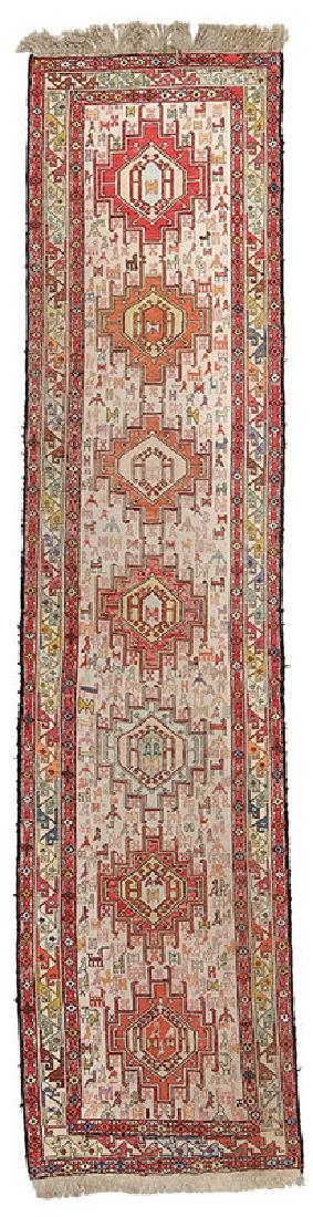 Ivory Field Shahsavan Runner:  early/mid-20th century, central panel with seven medallions, birds and quadrupeds, 2 ft. 5 in. x 8 ft. 10 in.