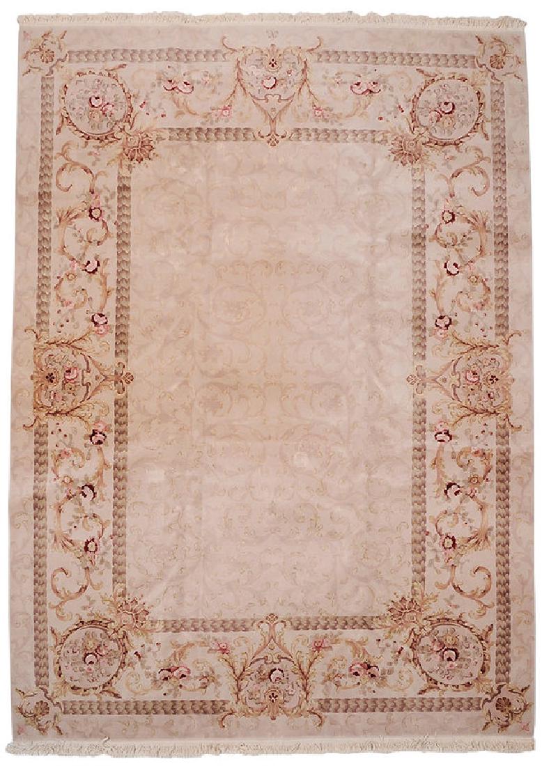 Aubusson Style Carpet: late 20th century, scroll and floral designs on sandy ground, 8 ft. 7 in. x 11 ft. 8 in.