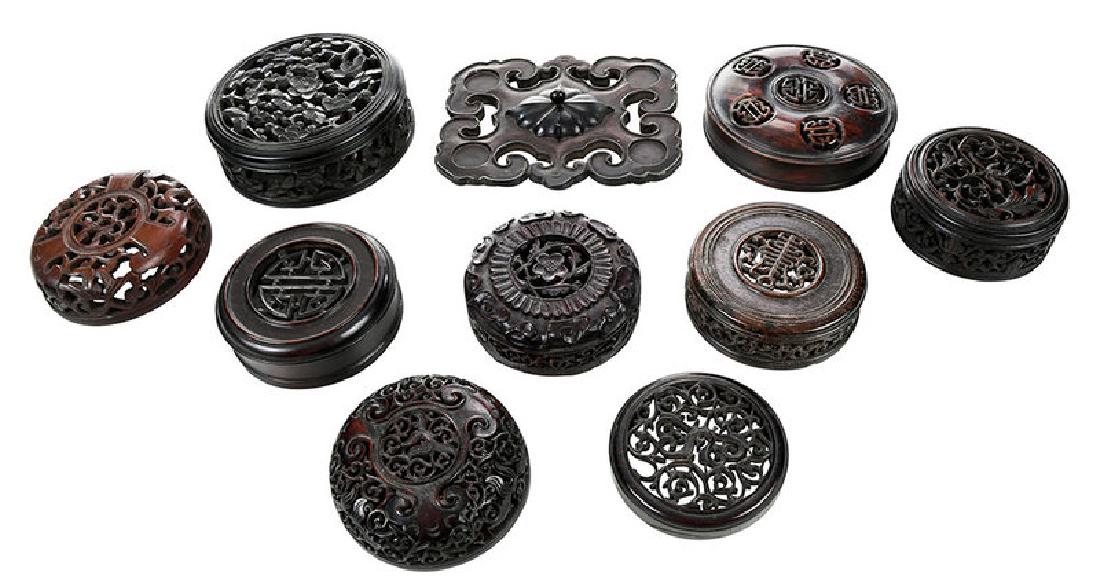 Group of Ten Chinese Carved Wooden Lids (1 of 7)
