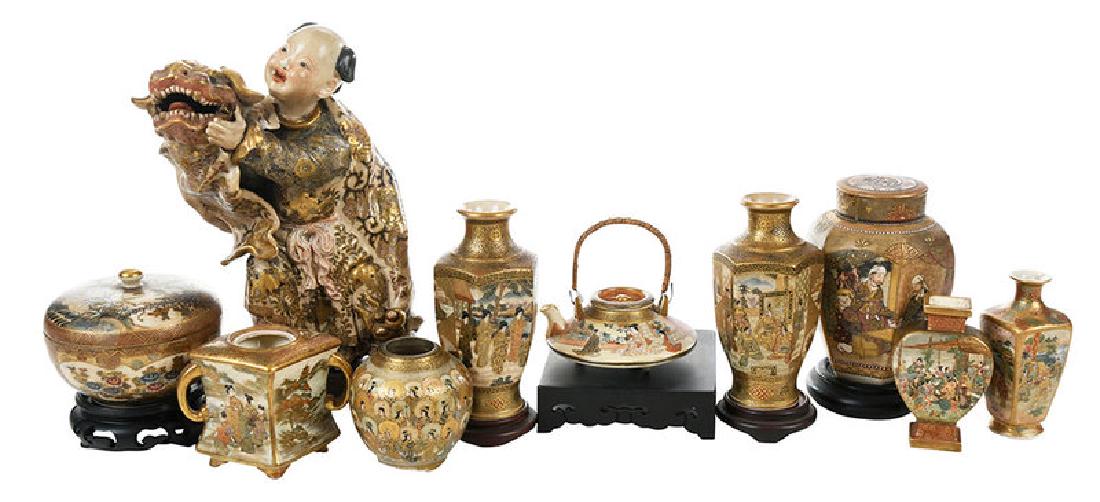 Collection Of Ten Satsuma Decorative Objects: Japanese, 19th/20th century, hand painted, gilt porcelain figure of man holding dragon mask, with wooden base, [restoration with losses to backside]; pair of hexagonal, narrow neck vases with dep