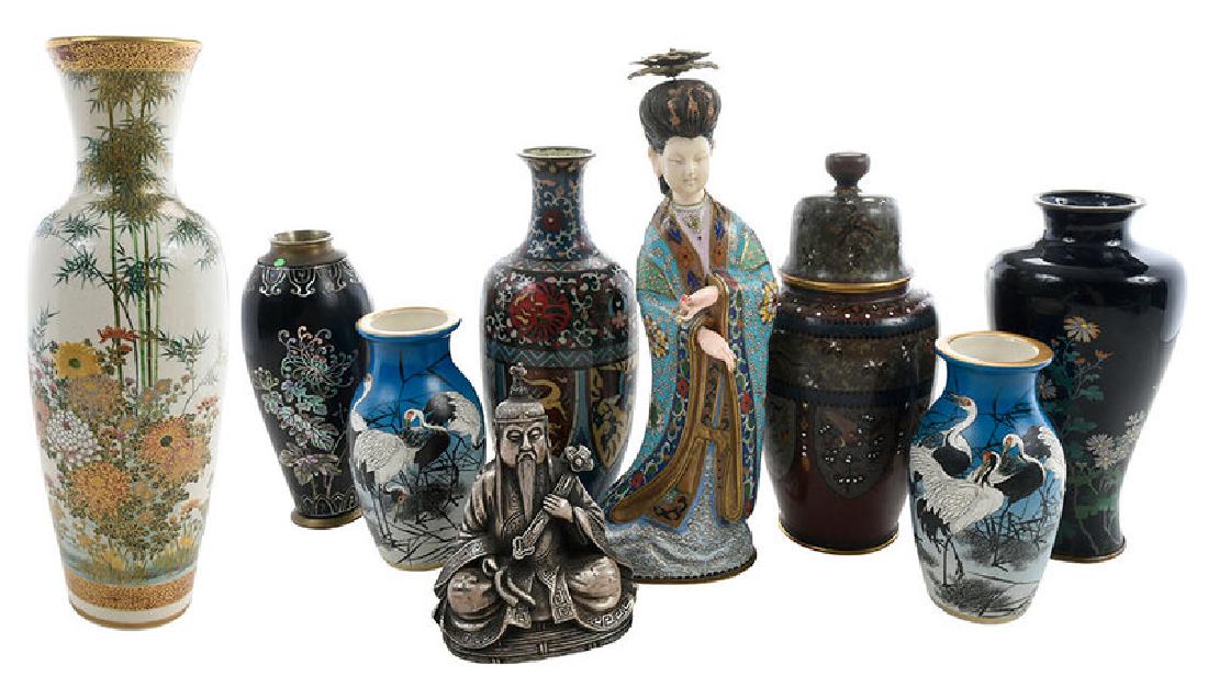 Nine Japanese Decorative Objects: 19th/20th century, comprising one gilt Satsuma vase with crazing, floral and landscape decoration, marked at base, 16-1/2 x 6 in., [light gilt loss, surface wear]; one pair of hand painted porcelain v