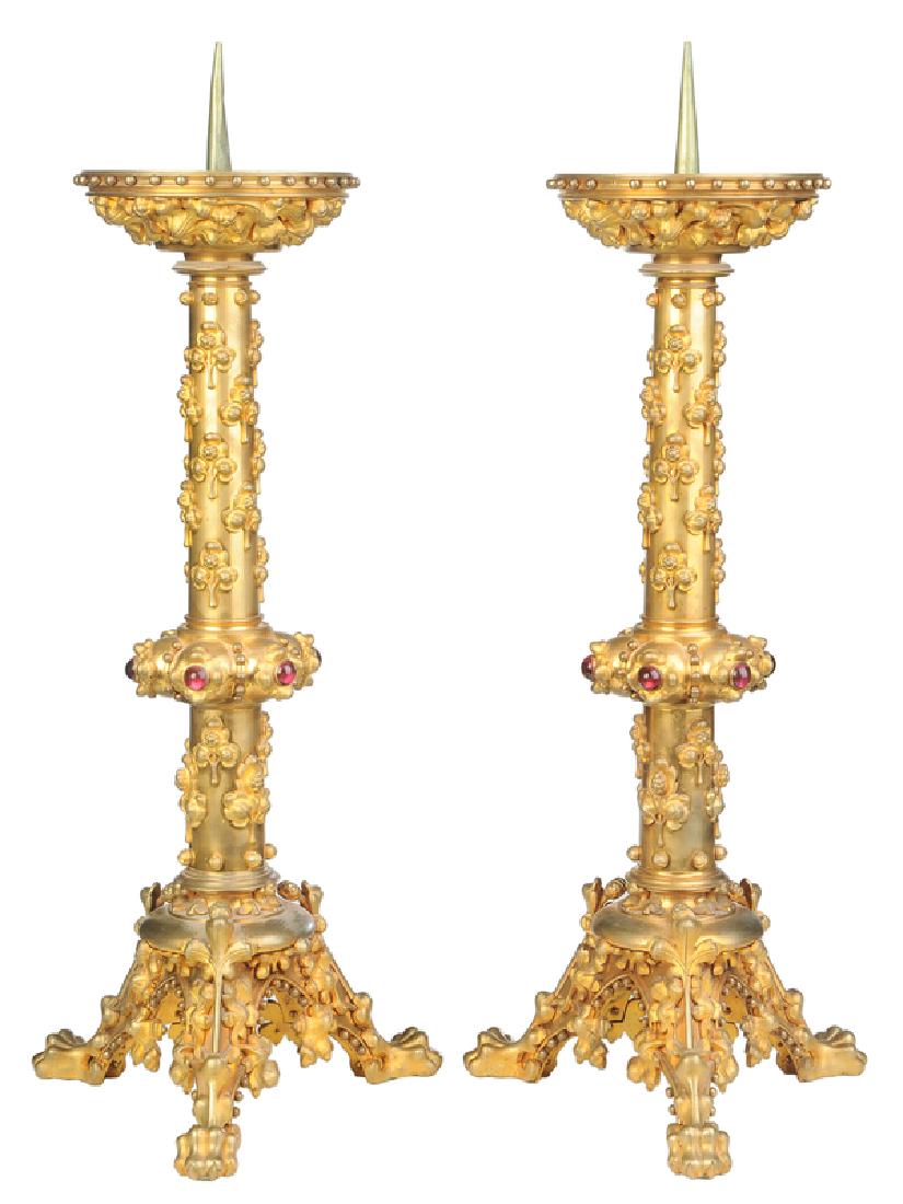Pair Gothic Revival Gilt Bronze Candlesticks (1 of 5)
