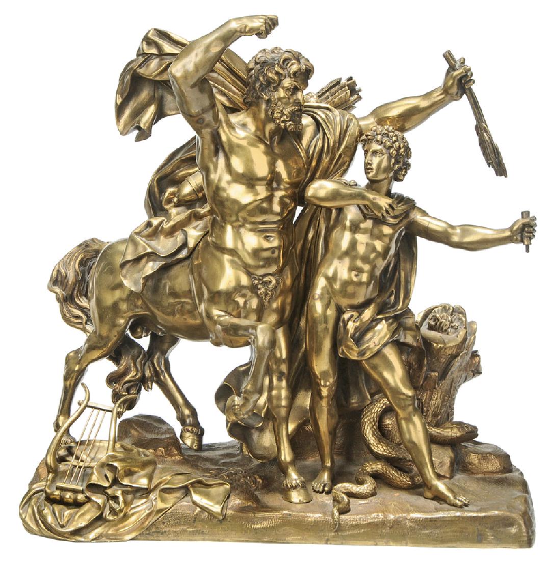 Continental School: (19th century) The Centaur Chiron Teaching Archery to Achilles (male nude sculptural group), unsigned, gilt bronze, 17-3/4 in. Provenance: From the Collection of Daniel Bibb, Atlanta, Georgia Exhibite