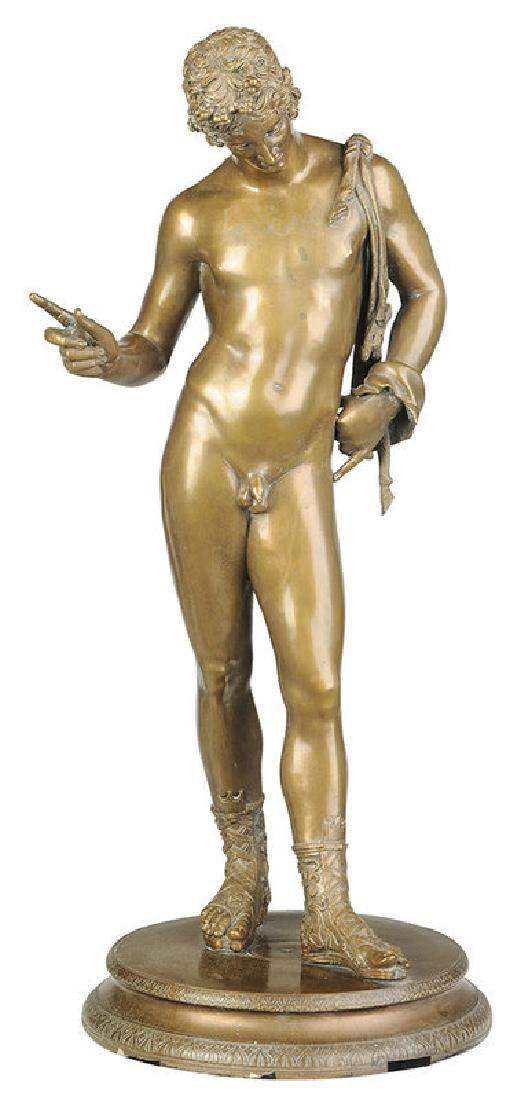 Italian School: (19th century) Narcissus, after the Greek antique by Praxiteles found at Pompeii, signed "J. Errico/ Napoli, 1893", bronze, 24 in.