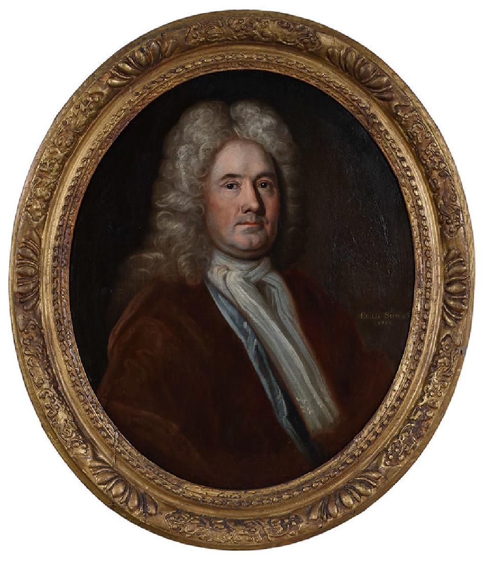 British School: (18th century) Portrait of a Gentleman in Powdered Wig, inscribed right "Etatis Suae 56/1719", oil on canvas, 30-1/4 x 25-1/2 in.; possibly original oval wood frame, 37-5/8 x 32-1/2 in.