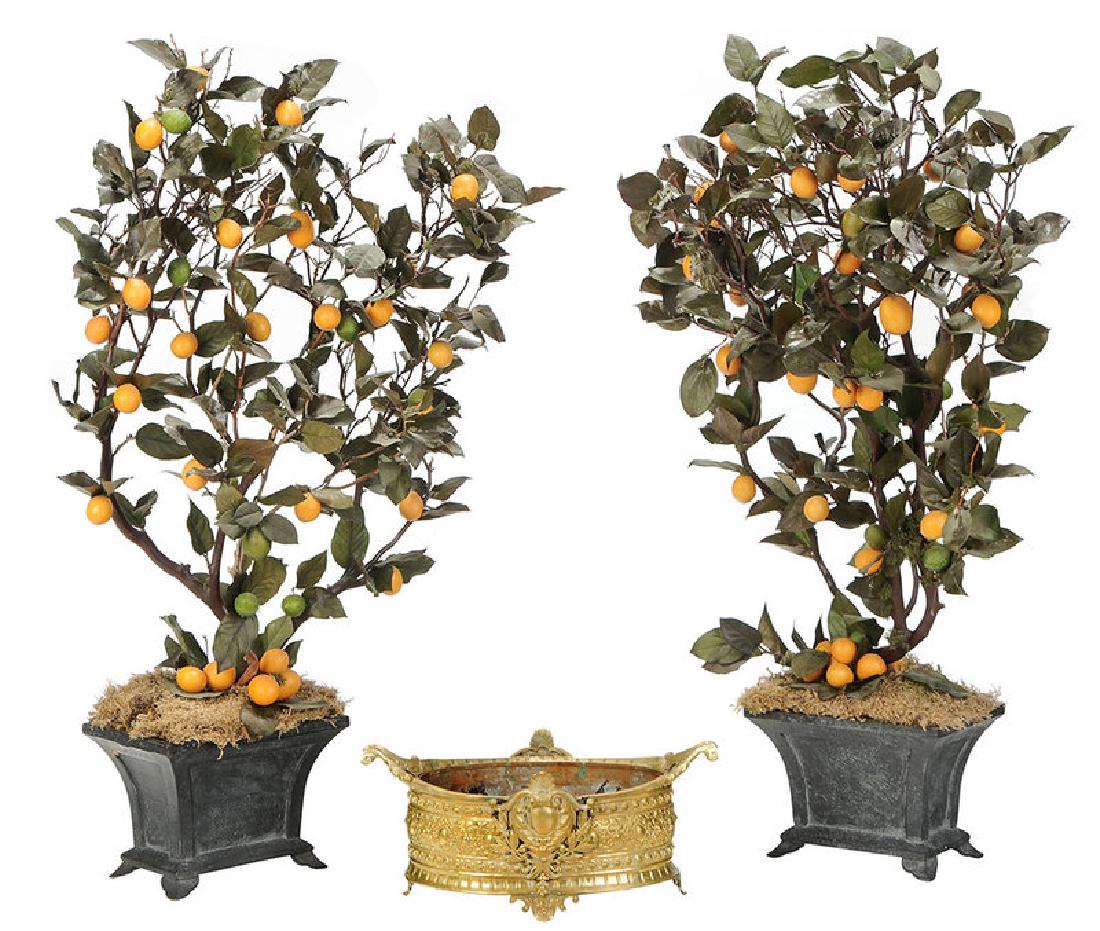 Brass Planter and Pair Faux Potted Orange Trees (1 of 5)