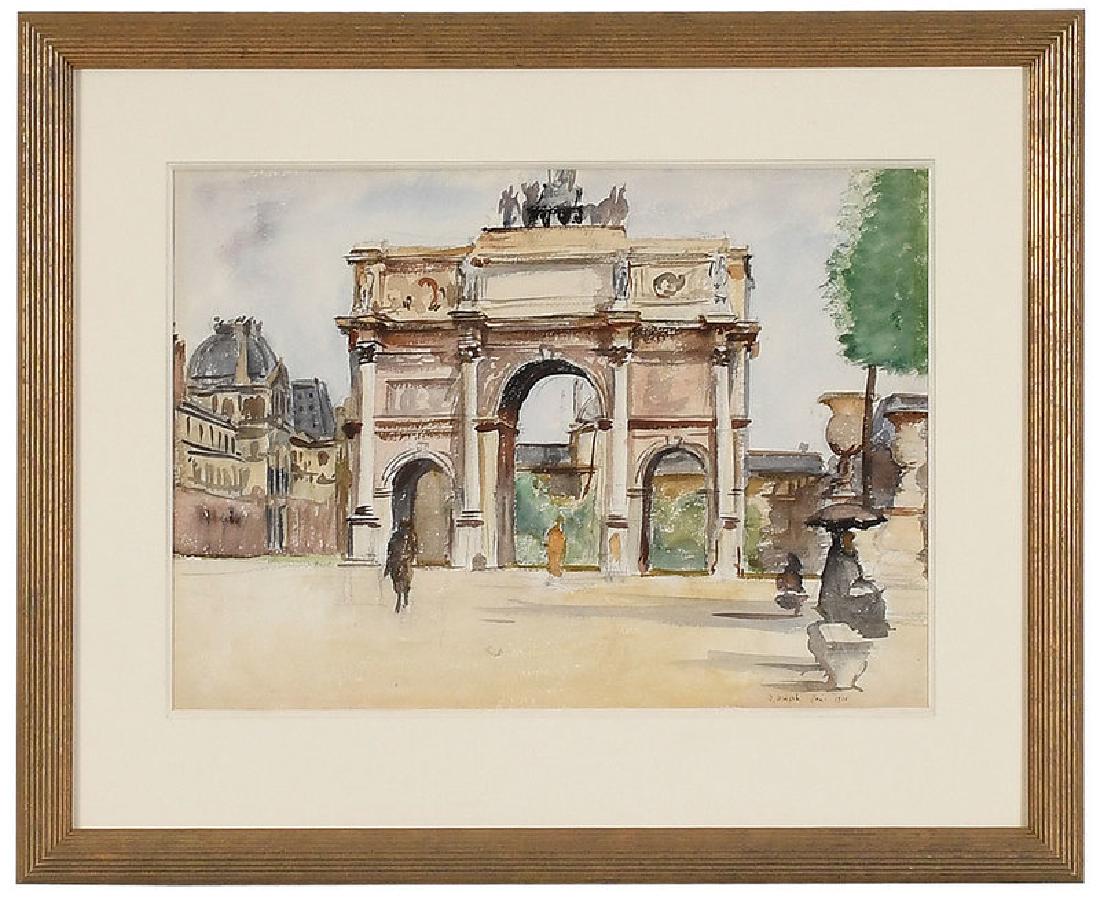 Reginald Marsh: (New York/Vermont, 1898-1954) Arch in the Louvre, 1928, signed lower right, "R. Marsh Paris 1928", watercolor and pencil on paper, 14 x 20 in.; fine carved gilt wood frame, 23 x 28 in.