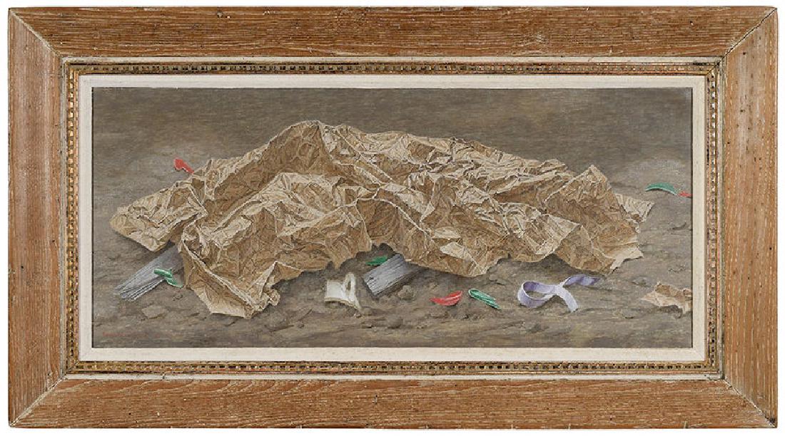 Katherine Schmidt: (New York/Rhode Island/ Ohio, 1898-1978) Piece of Brown Paper, 1959, signed lower right "Katherine Schmidt", oil on canvas, 14 x 32 in.; pickled chestnut frame, 21-3/4 x 39-7/8 in. Note: Exhibited: Wh