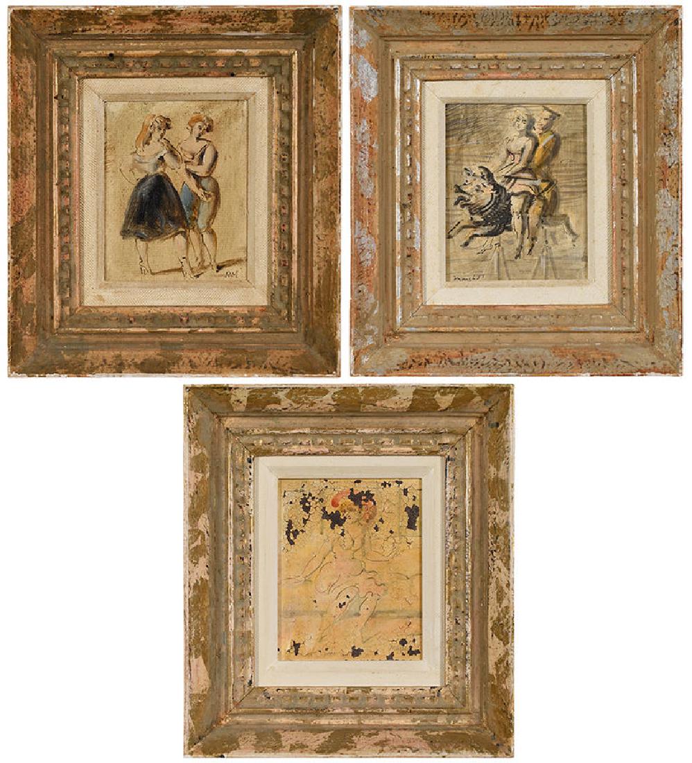 Reginald Marsh: (New York/Vermont, 1898-1954) Three Figural Sketches, circa 1950s,: Two Women, initialed lower right, oil on Masonite grime, uneven varnish; Sailor and Lady on Carousel, signed lower left "