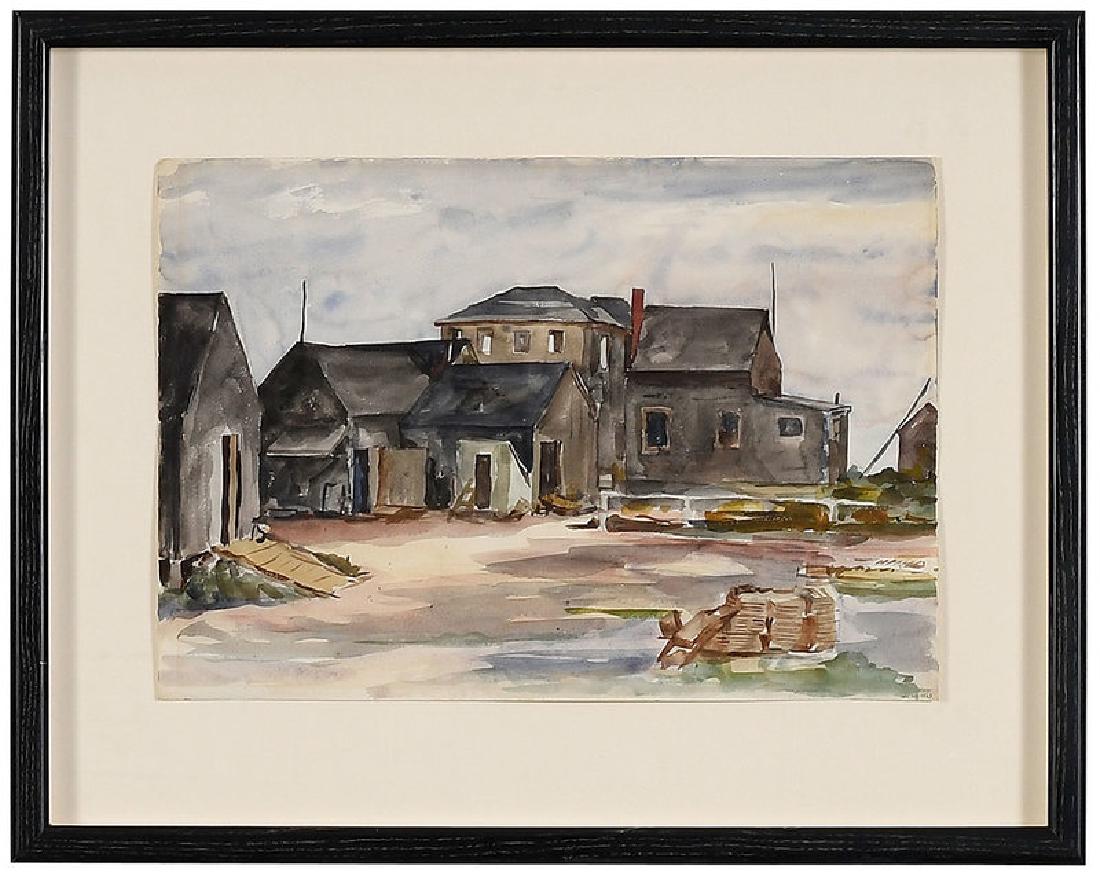 Reginald Marsh: (New York/Vermont, 1898-1954) House and Work-Sheds, watercolor on paper, unsigned, inscribed pencil lower right "wc-nd 163", multiple labels including estate label verso, 14 x 19-1/2 in.; modern