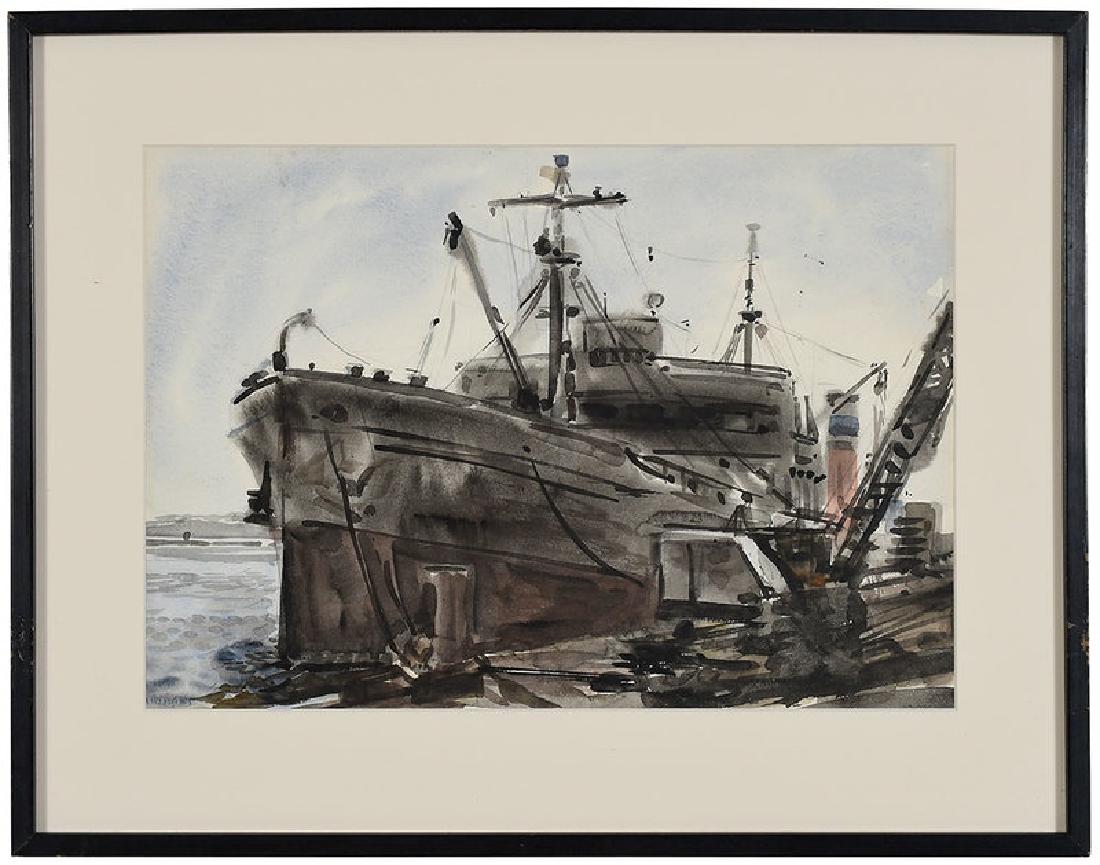 Reginald Marsh: (New York/Vermont, 1898-1954) Freighter at Dockside, unsigned, watercolor on paper, 13 x 19 in.; modern black wood frame, 20-1/2 x 26 in.