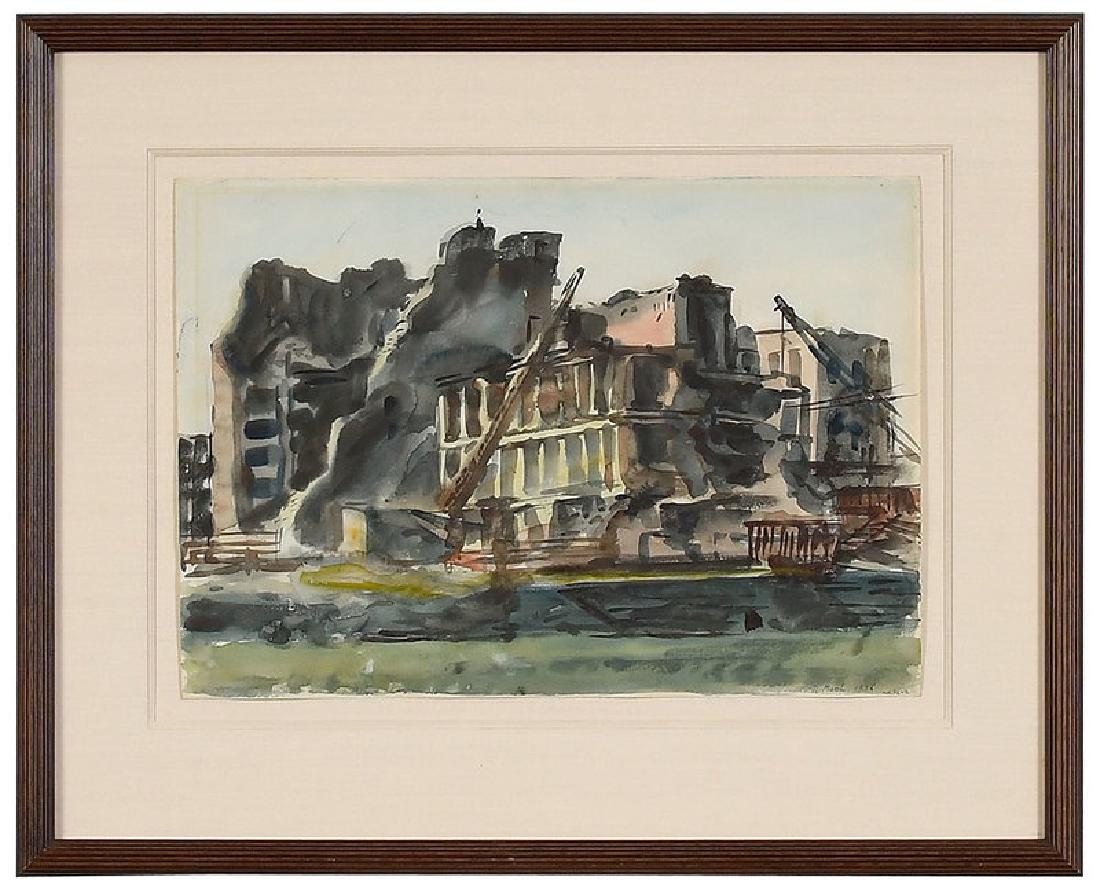 Reginald Marsh: (New York, 1898-1954) Two Cranes Wrecking a Building, signed lower right "R. Marsh 1936", inscribed pencil lower right "wc-36-2", watercolor on paper, 14 x 20 in.; modern wood frame, 23 x 2