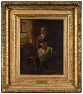 Thomas Waterman Wood: (New York/Tennessee/Kentucky, 1823-1903) Hannah Binding Shoes, 1869, signed and dated lower left "T.W. Wood/1869", also titled, signed, dated canvas verso, oil on canvas, 17-1/4 x 13-1/2 in.; original