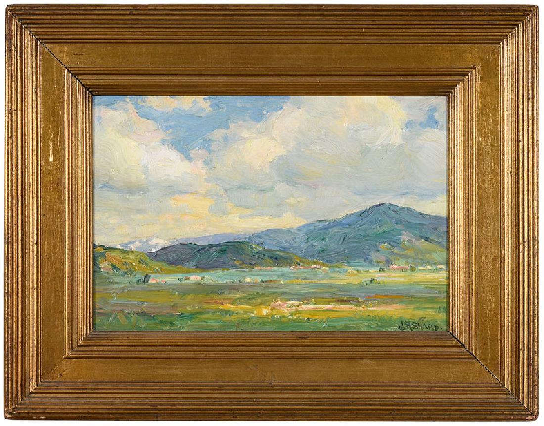 Joseph Henry Sharp: (New Mexico/California/Ohio, 1859-1953) Taos landscape, signed lower right "J.H. Sharp, oil on board, 6 x 9 in.; carved gilt wood frame, 9-1/2 x 12-1/2 in. 