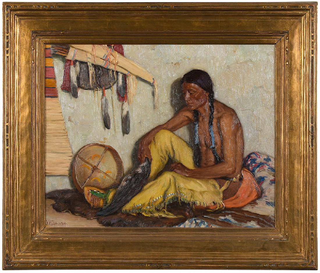 Joseph Henry Sharp: (New Mexico/California/Ohio, 1859-1953) White Weasel, signed lower left "J.H. Sharp", titled in pencil canvas verso, oil on canvas, 16 x 20 in.; modern carved wood gilt bronze Taos style frame, 22-1/2