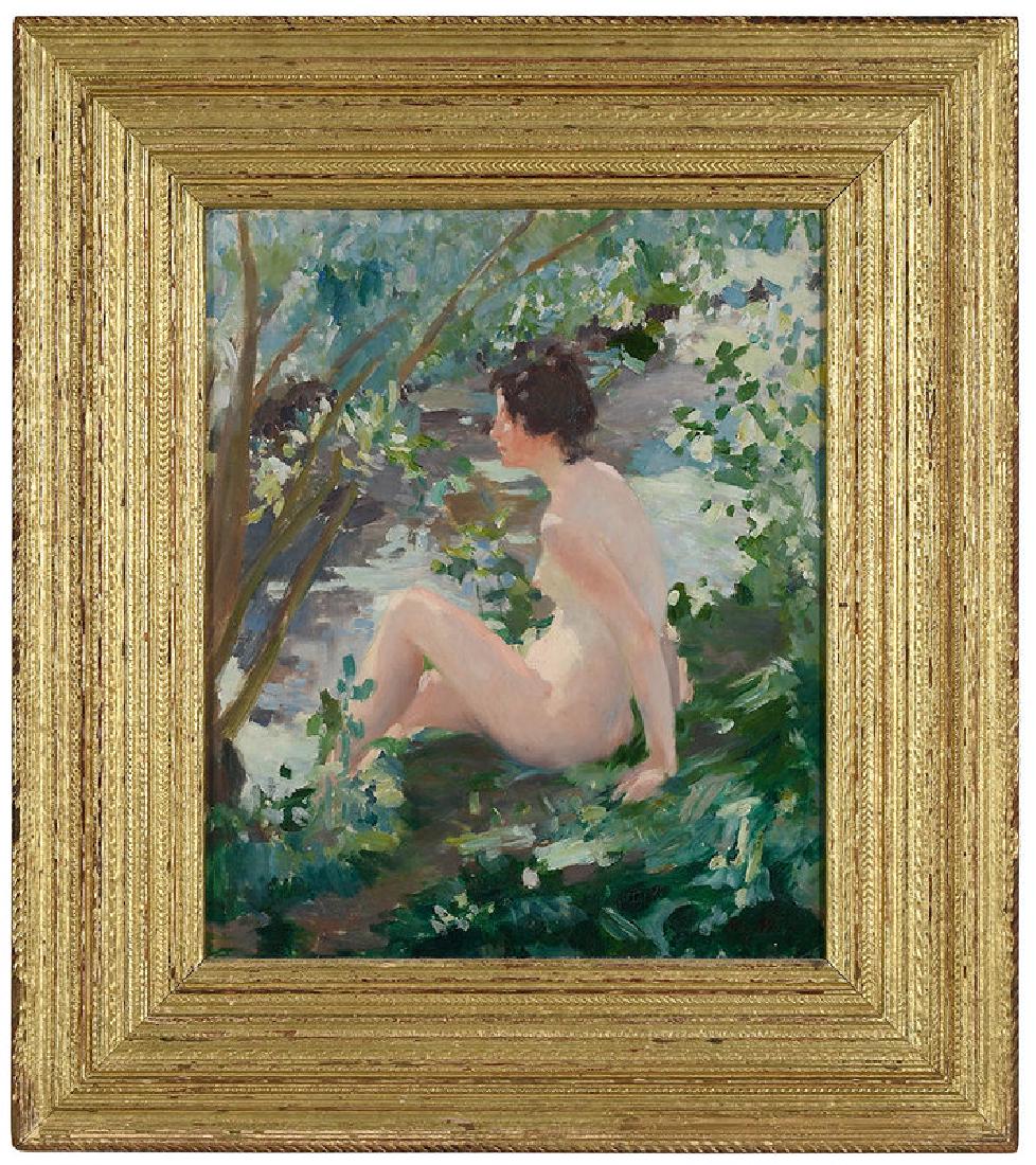 Mary Fairchild-MacMonnies: (New York/Connecticut/Giverny, France, 1858-1946) Nude by a Stream, Giverny, signed lower right with monogram "M.M.", oil on canvas, 18 x 15 in.; Newcombe-Macklin gilt wood frame, 26-1/4 x 23-1/4 in.