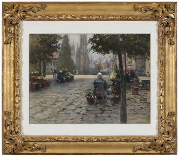 Francis Hopkinson Smith: (New York, 1838-1915) The Street Vendors, signed lower left "F. Hopkinson Smith", gouache, watercolor and pencil on board, 20-1/2 x 28-1/2 in.; fine carved gilt wood and composition frame, 34-1/2 x 40