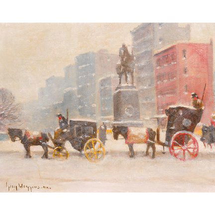 Guy Wiggins New York painting: (Guy Carleton Wiggins, American, 1883-1962), inscribed with title verso "Winter at the Plaza", signed lower left and verso "Guy Wiggins, NA", oil on canvasboard, Lyme Art Association exhibition label