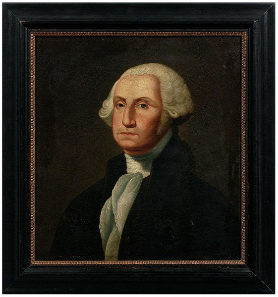 Portrait after Gilbert Stuart,: George Washington, oil on canvas, unsigned, American School, 19th century, 25-1/4 x 23-1/8 in.; modern black-painted reverse style frame. Lined, restretched on old stretcher, repairs at bottom with re