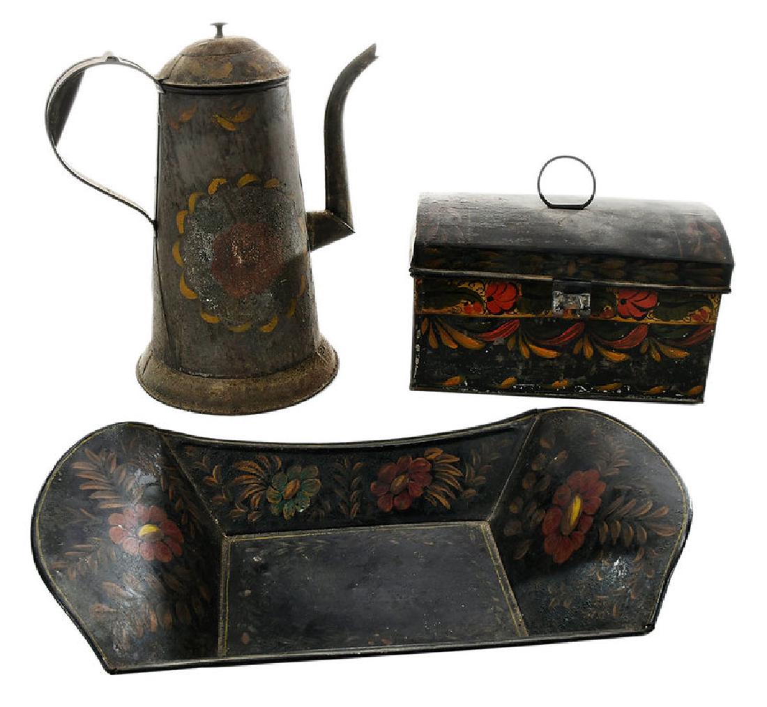 Three Pieces Painted Toleware: American, 19th/20th century, light house form coffee pot with old paint decoration, 10-1/2 in., [fading, wear and crazing to paint decoration, grime]; dome shaped document box, 5-1/4 x 9 x x 4-1/2 in.