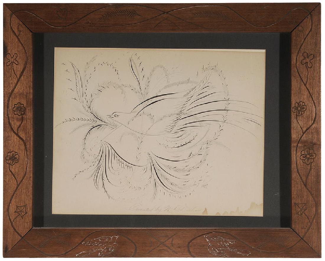 American School: (late 19th/early 20th century) Calligraphy drawing of facing doves in flight, signed lower right "Diehm, 18", written below "executed by M. B. Diehm", ink on paper, 13 x 16-3/4 in. (sight); walnut fra