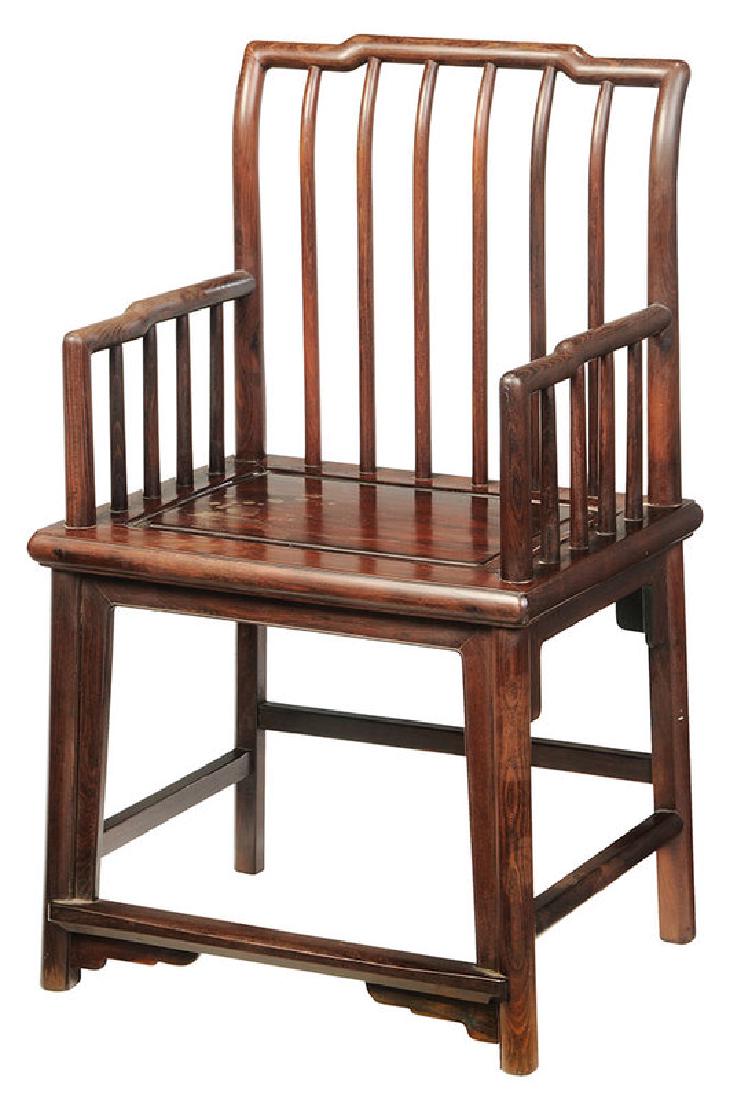 Chinese Figured Hardwood Arm Chair: late Qing dynasty, dense figured hardwood, paneled seat, 36 x 22 x 16-1/2 in.