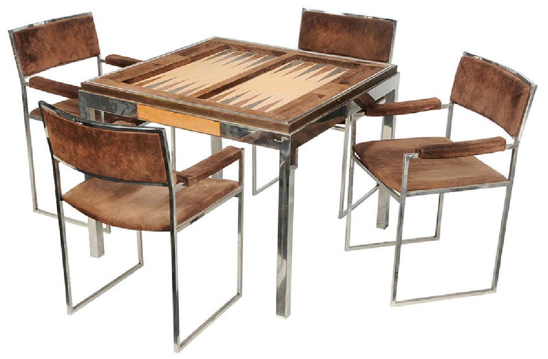 Modern Willy Rizzo Game Table and Chairs: Italian, circa 1970s, each with label for "Willy Rizzo/Handcrafted in Italy", one Parsons form, brass and chrome frame, double sided top, 28-1/2 x 35-1/2 in.; together with four matching chrome, suede