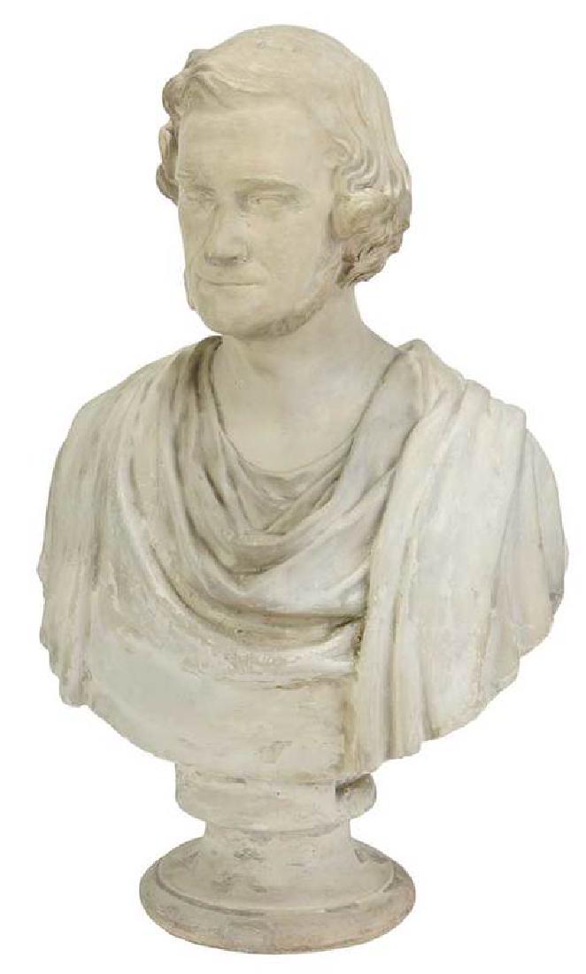 Italian School: (19th century) Untitled, bust of a gentleman with mutton chops, artist unidentified, white painted plaster cast, 28-1/2 in.