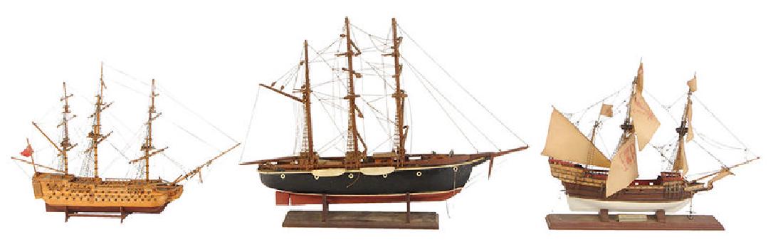 Three English Ship Models: 20th century, English galleon ship model of Francis Drake's The Golden Hind, mixed material on wood stand, 15-1/2 x 18 in., [loose sails, embedded dust]; model with three masts, mixed materials,