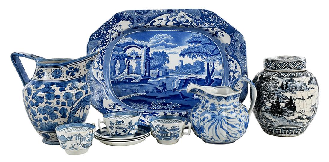 Seven Blue and White Ceramic Table Items: British/Continental/Asian, 19th/20th century, large platter with bucolic scene, stamped "Copeland/Spode/Italian/England" within circle, 17 in.; earthenware pitcher with animals and flowers, signed "De