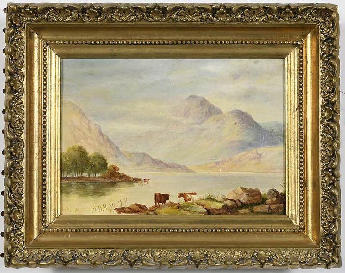 British School: (19th century) Cows Watering at a Highland Loch, unsigned, oil on canvas, 8 x 11-1/4 in.; gilt wood and composition frame, 12 x 15-1/2 in.