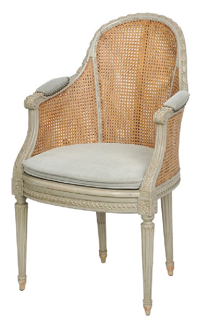 Louis XVI Style Painted and Caned Fauteuil: French, 19th century, pale blue beechwood frame, double caned back and arm supports, seat, with label for "L. Alavoine & Cie/Paris", set with upholstered cushion, 35-1/2 in.