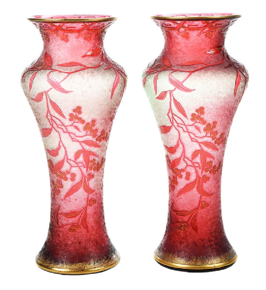 Pair Cranberry Art Glass Cameo Vases: Continental, early 20th century, delicate vine and berry with gilt details, on textured ground, gilt rims and bases, unsigned, 10 in. 