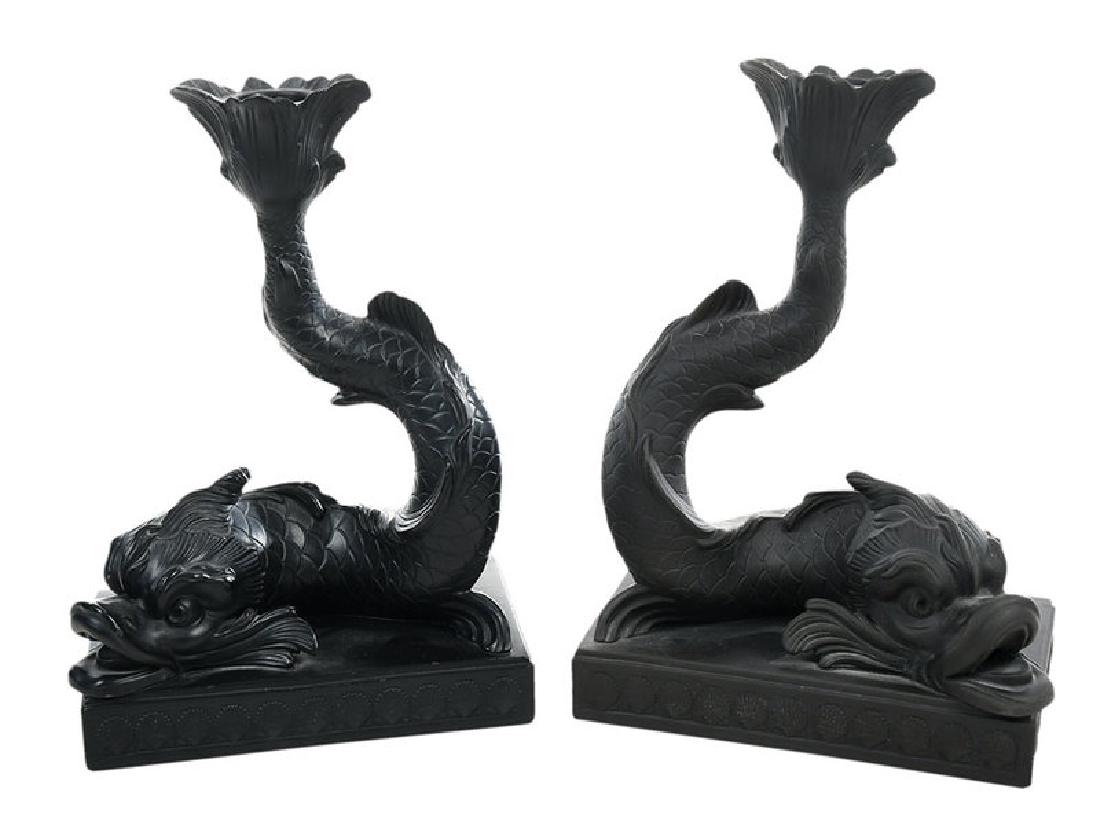 Near Pair Wedgwood Basalt Dolphin Candlesticks: British, 20th century, one with matte finish, both stamped "Wedgwood", 9 in.