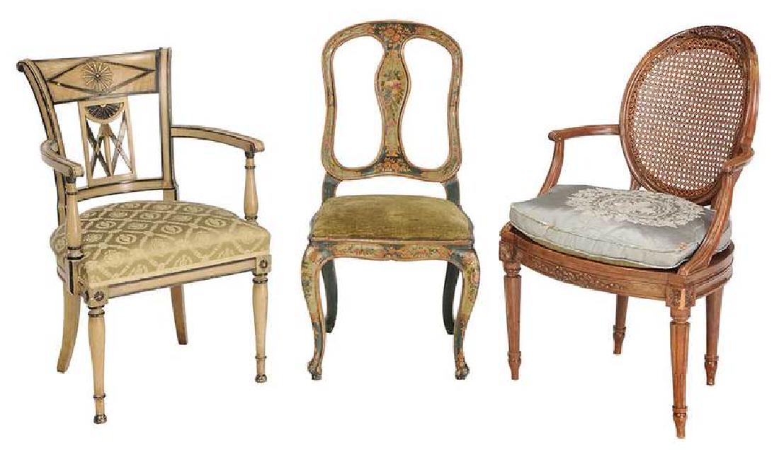 Three French and Italian Decorated Chairs: 18th/19th/20th century, comprising one Louis XVI, carved walnut, with silk cushion, [minor repairs at crest attachment, small loss at one leg (some pest damage), wear to cushion]; one classically styl