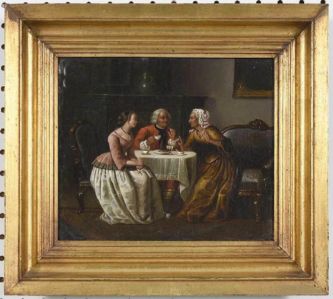 British School: (19th century) The Gossip, unsigned, oil on canvas, 8-3/4 x 10 in; gilt wood frame, 13-1/8 x 14-3/8 in.