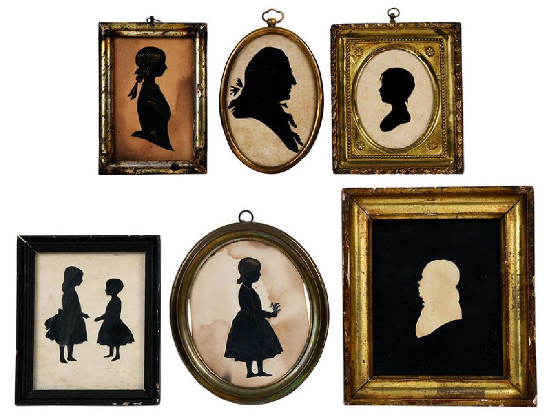 Six Silhouette Portraits: (American/British, 19th century)elderly man facing left, embossed seal for the Charles Wilson Peale Museum, Philadelphia, hollow cut, gold metal frame; attributed to William Bache (American, 1771-1845