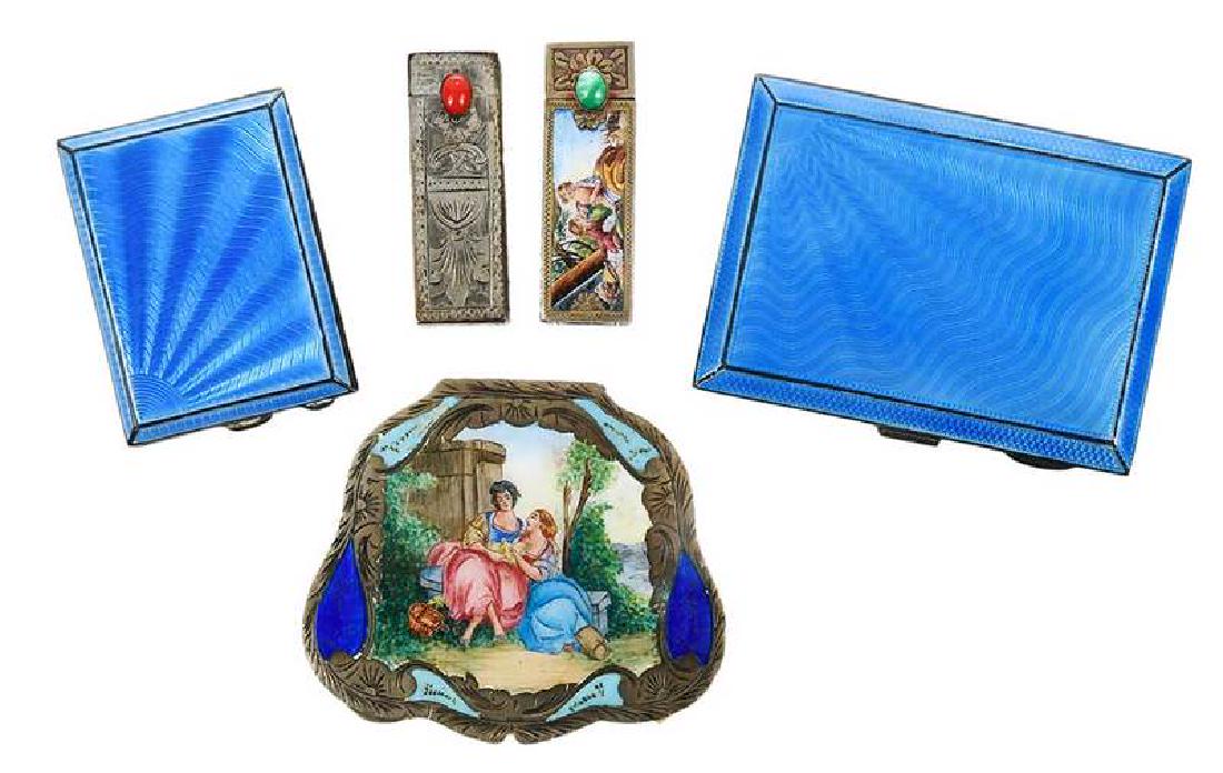 Five Silver Enameled Cosmetic Cases: three Italian including compact and two lip stick cases, two with enamel courting scenes, .800 fine; two English silver blue enamel, .925 fine, 2 in. to 3-1/4 in. 