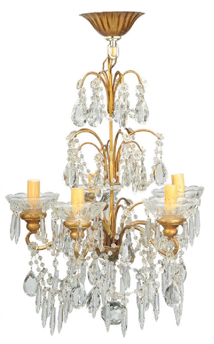 Georgian Style Five-Branch Chandelier: modern, gilt metal with glass rosettes, chains, almonds, French U-drop prisms, and a center pendant, 21 in.