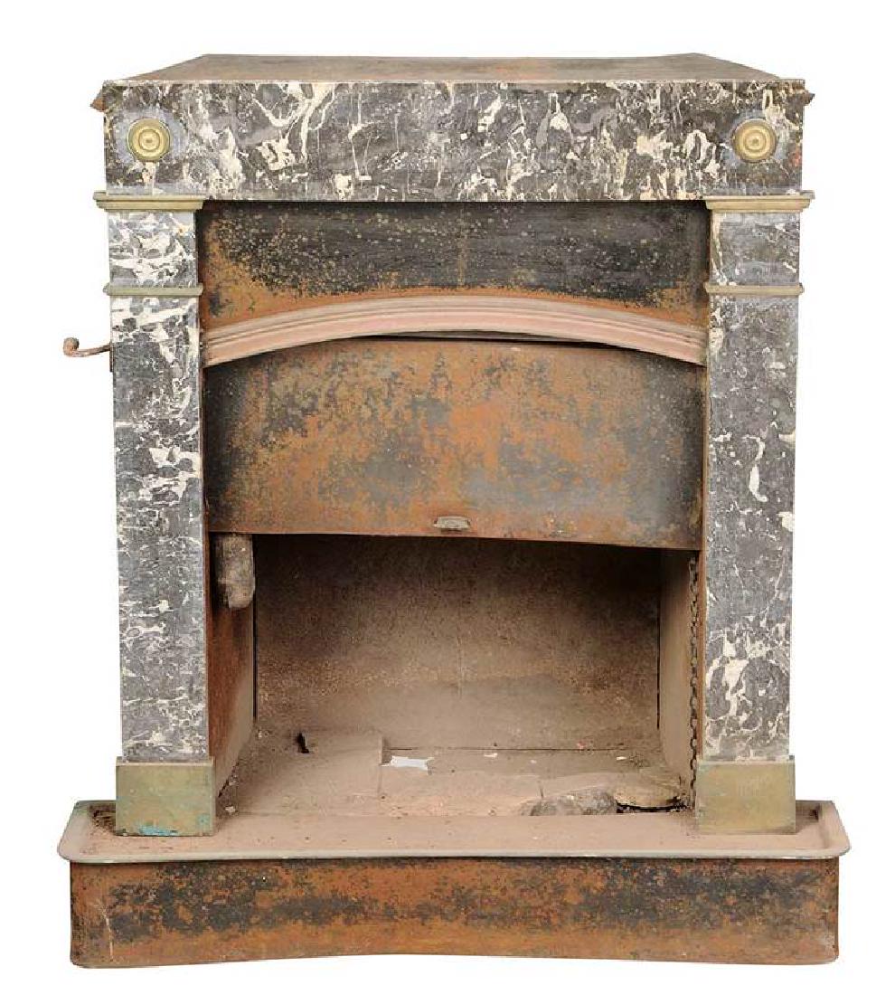 Neoclassical Marble and Brass Fireplace Insert: French, 19th century, with “Egyptian” marble facing, brass mounts and iron body, 33 x 30 x 22 in. 