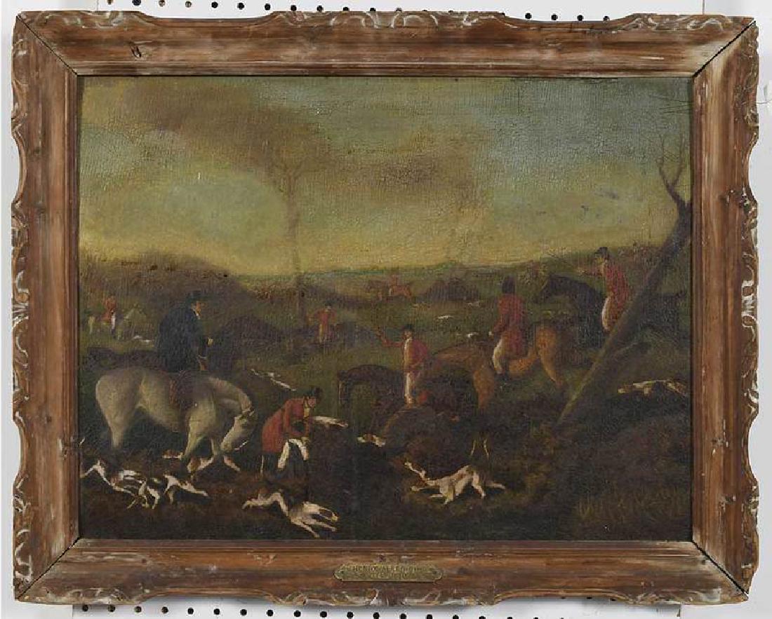 Manner of Henry Thomas Aiken: (British, 1785–1851) Fox Hunting Scene, unsigned, oil on panel, 18-1/2 x 23-3/4 in.; 19th century Chinese Chippendale frame, 22 x 27-3/4 in.