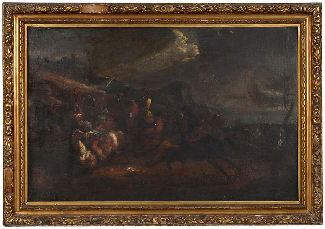 Follower of Philips Wouwerman: (Dutch, 1619–1668) Battle Skirmish with Turkish and European Cavalry, possibly 18th century, oil on canvas, 25-3/4 x 39-1/4 in.; gilt wood and composition frame, 31-5/8 x 45 in.