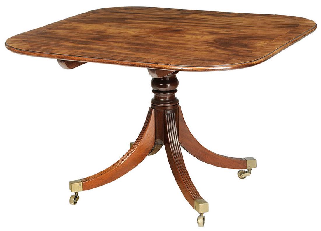 Regency Figured Mahogany Pedestal Table: British, 19th century, highly figured, banded top, tilting over a pedestal base, set with brass casters, 28-1/2 x 43 x 43 in.