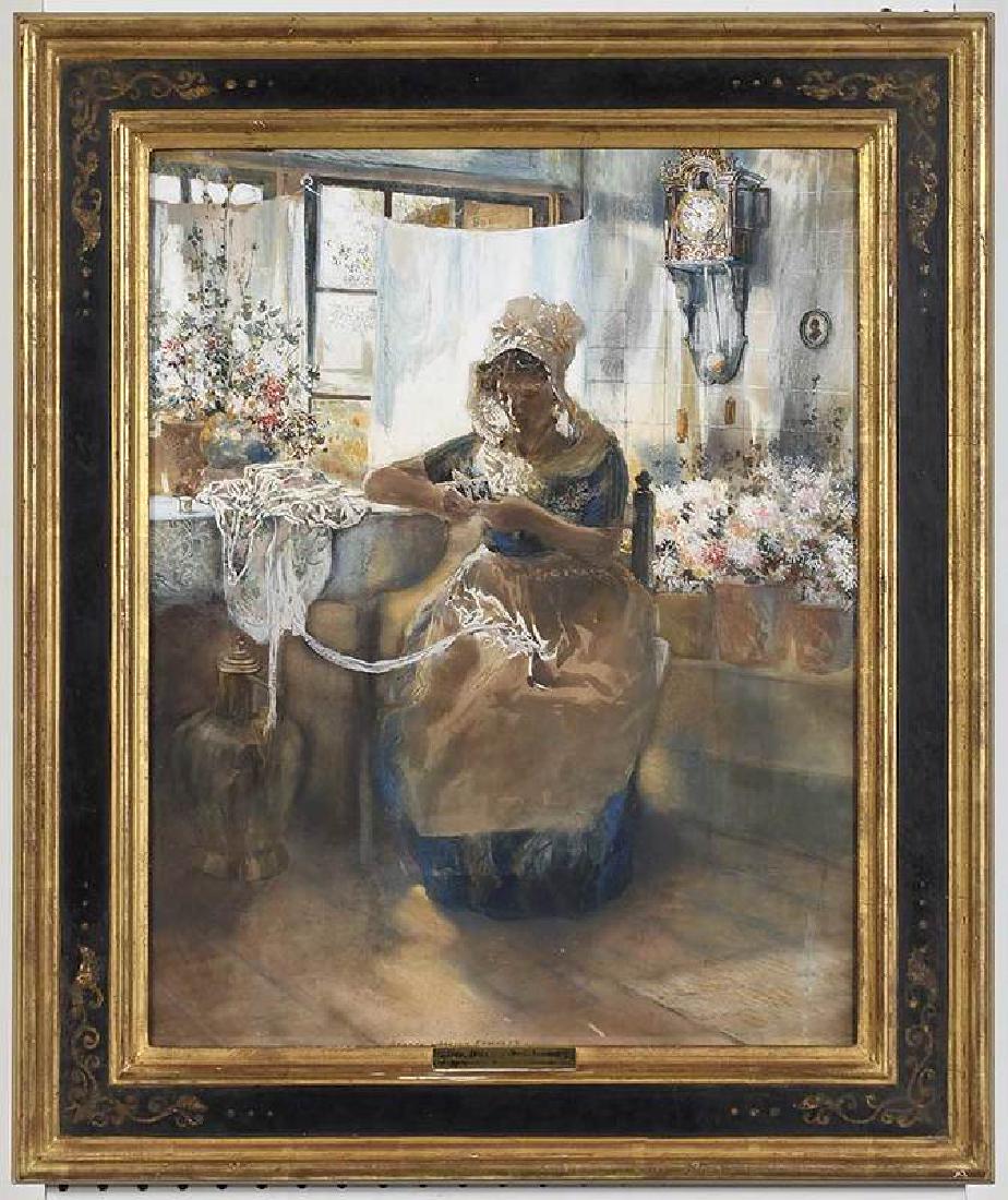 George Wharton Edwards: (Connecticut/California, 1859-1950) Lady Sewing by a Window, signed bottom middle, "George Whart