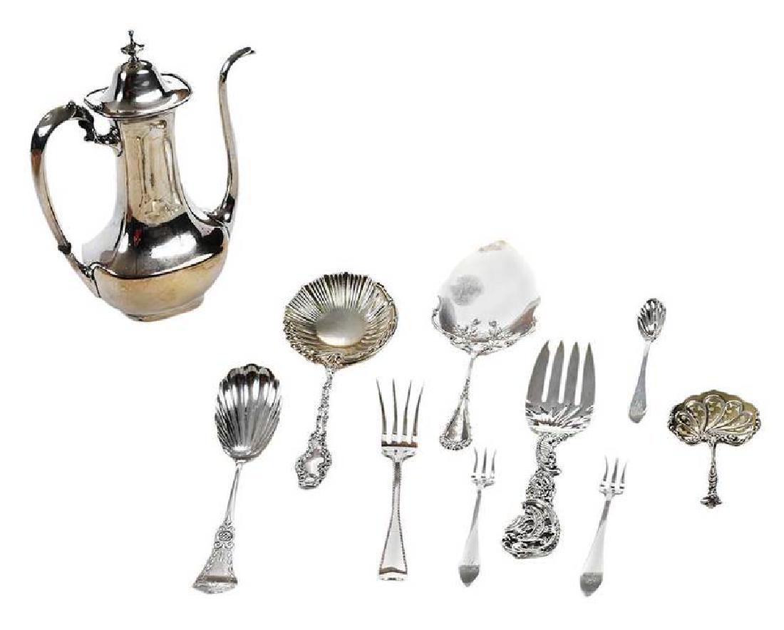 17 Pieces Sterling Flatware and Coffee pot: including individual sterling coffee pot, 9 in.; 11 pieces Dominick & Haff Broad Antique flatware; three ornate serving spoons by Durgin; Gorham bon bon; coin silver shell bowl serving spoon;&nbs
