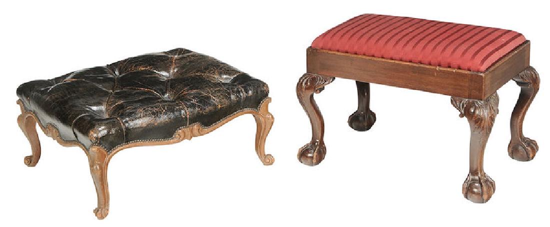 Louis XV Style, Chippendale Style Footstools: early 20th century, one provincial, tufted leather upholstery, scrolled feet, 12 x 25 x 22 in.; one carved mahogany with ball and claw feet, striped upholstery, 17-1/2 x 25-1/2 x 17 in.