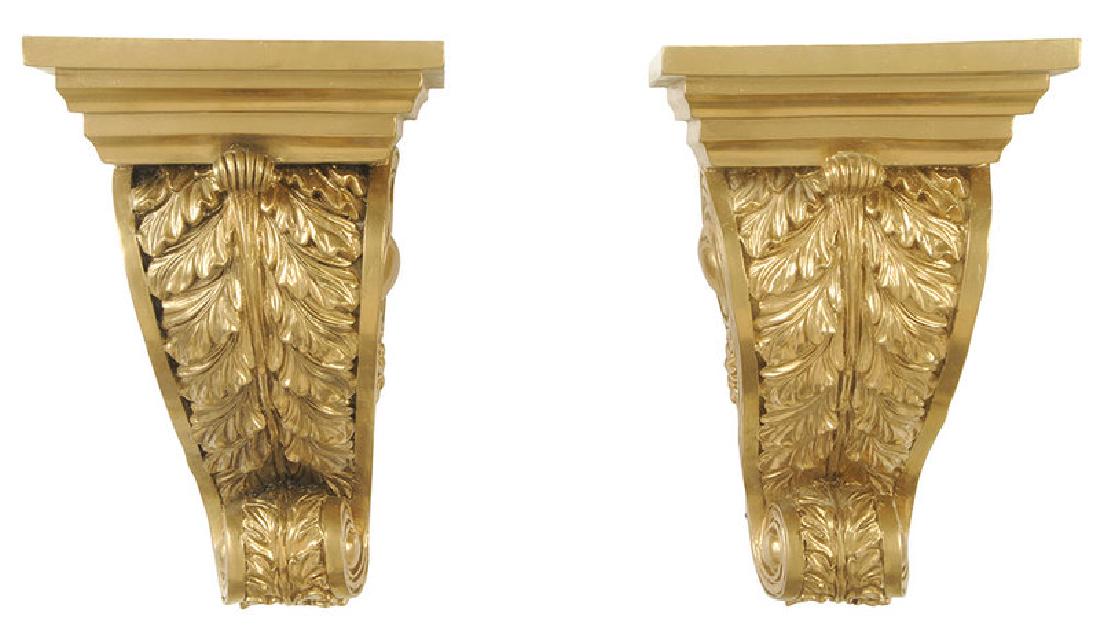 Pair Classical Style Brackets: modern, each leaf decorated corbel in gold painted cast resin, 19 in.